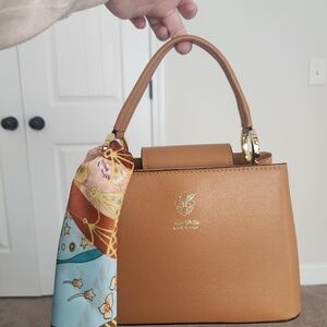 Elegant Tan Handbag with Scarf Accent